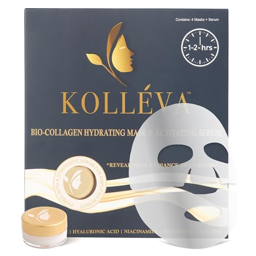 Koll?va Bio-Collagen Hydrogel Face Masks - Instant 2-Hour Radiant Glow & Deep Hydration, Clinical-Grade Anti-Aging - 4 Pack with Activating Serum, USA Innovation