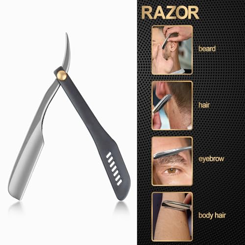 Professional Straight Razors for Men with 15 Replaceable Blades, Stainless Steel Barber Straight Edge Razor, Shaver Razor for Home Salon Grooming Using (Silver-Black)