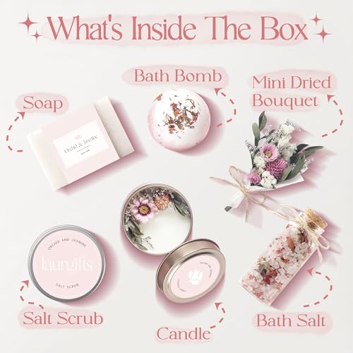 Birthday Gifts for Women ? Luxury Candle Set & Bath Sets Spa Basket, Small Orchid & Jasmine Self Care Box, Gift Basket for Mom, Wife or Friend