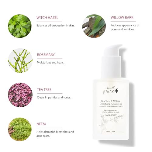 100% PURE Tea Tree & Willow Clarifying Astringent - Purify, Soothe & Nourish Acne Breakouts & Blemishes Without Stripping for Oily, Combination Skin Types - Alcohol Free, Hydrating Toner - 4 Fl Oz