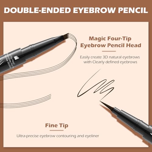 Microblading Eyebrow Pen, 2-In-1 Dual-Ended Waterproof Eyebrow Pencil with 4-Fork-Tip & Ultra-Precise Tip, and an Angled Eyebrow Brush, Eye Brow Pencils for Women -Dark Brown