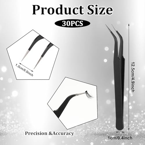 30Pcs Stainless Steel Craft Tweezers 4.9Inch Curved Pointed Tweezers with Protective Cover, Multipurpose High Precision Tweezer for Craft Sewing Stickers Eyelash Jewelry Making(Black)
