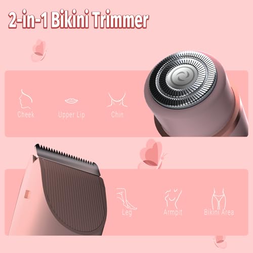 Bikini Trimmer for Women, 2 in 1 Electric Razor & Bikini Shaver for Womens IPX7 Waterproof Body Hair Trimmer and Facial Hair Remover,Pink