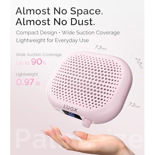 L'UGX Rechargeable Nail Dust Collector Profesional ? Compact Dust Collector Nail Tech with Strong Suction, 10-Speed Turbo Fan, LED Display Nail Dust Cleaner for Home & Salon Use -Pink