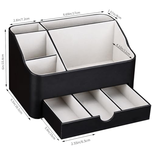 KINGFOM Leather Makeup Organizer with Drawer, Cosmetic Storage for Dresser Countertop and Bathroom Vanity, Beauty Holder for Lipstick Brush Skincare (Black)