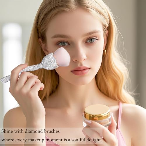 SlowVibes Rhinestone Foundation Brush,Rose Shape Bling Diamond Blush Brush Soft,Large Face Powder Makeup Brushes,Sparkle Cosmetic Nail Dust Brush,Loose Powder Brush,Women Professional Makeup Tools