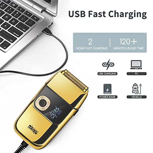 DSP¢ç Bald Shaver for Men Shavers for Men 2 in1 Barber Shaver with Precision Trimmer 3-Speed Electric Razor with LED Digital Display Stainless Steel (Gold)