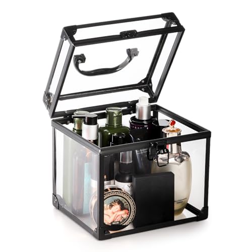 Okllen Crown Box, Clear Cosmetic Case, Acrylic Artists Display Case, Toiletry Train Case with Latches & Handle