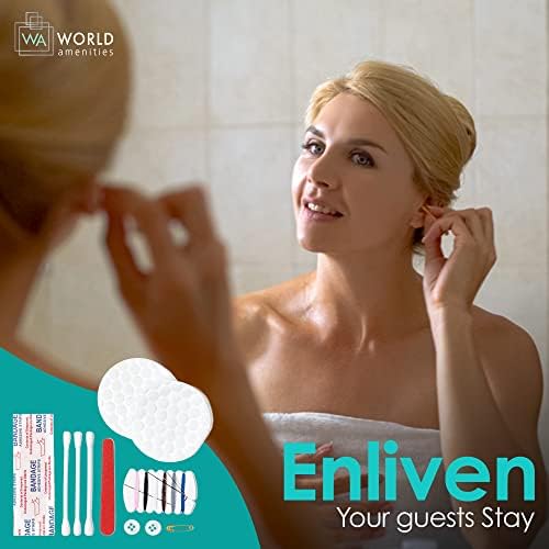World Amenities Necessities Grooming Vanity Kit | Clear Frosted Sachet, Hotel Amenities | Includes Sewing Kit, Nail File, Cotton Swabs, 2 Cotton Rounds and Band-Aid