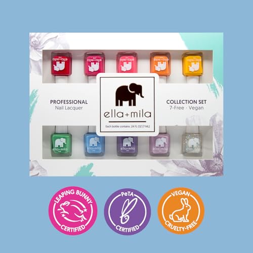 ella+mila Professional Nail Polish Set - Quick Dry Nail Polish - 10 Pack Vibrant Colors - Vegan Non-Toxic Fingernail Lacquer for Kids & Women - Long-Lasting & Chip Resistant (10 Pack x 0.24 fl oz)
