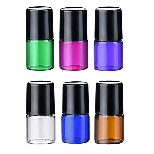 Essential Oils Roller Bottles - 50Pcs 2ml (5/8 Dram) DIY Mini Refillable Travel Glass Roll On Bottles Perfumes Aromatherapy Cosmetic Sample Vials Jar Containers, 1Pc 3ml Dropper (Clear, Black Cap)
