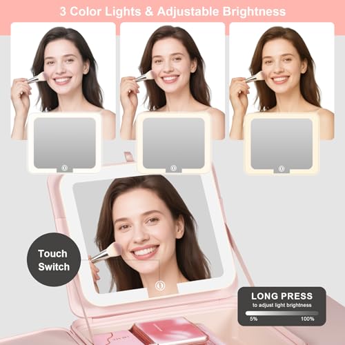 BEAUTY CASE Makeup Case with LED Light & Magnetic Mirror, 12 Inch Portable Travel Cosmetic Organizer Bag with 3 Partitions, Rechargeable, Large Capacity, Bright Lighting, Gift for Women Girls, Pink