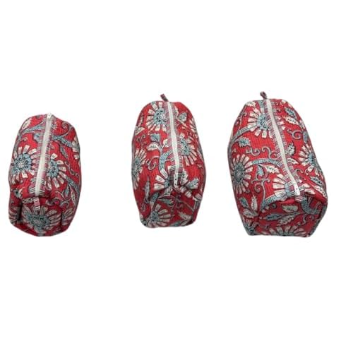 Cotton Hand Block Floral Print Toiletry Bag for Women, Makeup Cosmetic Organizer, Travel Accessories Set of 3 (floral-red)