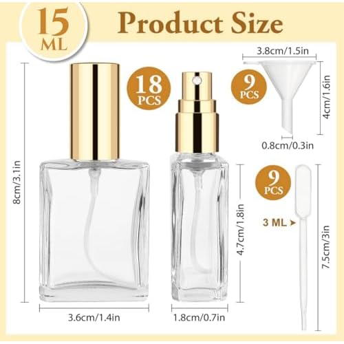 18Pcs Gold Glass Spray Bottles, 15ml Perfume Spray Bottles, Empty Fine Mist Atomizer, Portable Cologne Sprayer Bottles with 9Droppers9 Funnels, Refillable Perfume Container for Travel, Gold