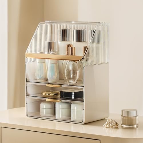JOYMOOP Makeup Organizer with Transparent Cover, Skincare, Lipstick and Perfume Storage, Cosmetic Organizer, Makeup Box for Bathroom Countertop or Vanity Desk, White & Gold