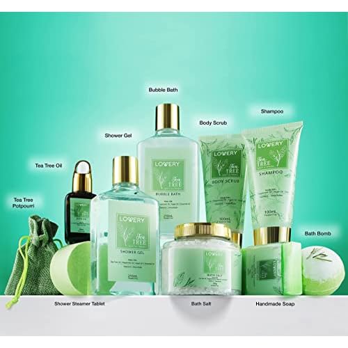 Tea Tree Bath Set - Luxury Home Spa Set with Calming Mint Fragrance ? 15 pc Relaxation Gift Basket with Tea Tree Bath Oil,Shower Gel, Bubble Bath, Handmade Soap, Steamer Tablet, Potpourri & More
