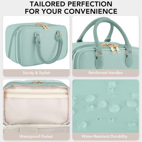 Travel Makeup Bag for Women Fashion Large Capacity Pouch Open Flat Cosmetic Portable Organizer Waterproof Large Opening Storage Toiletry Bags Vertical Free-Standing Brush Holder for Easy Access Blue