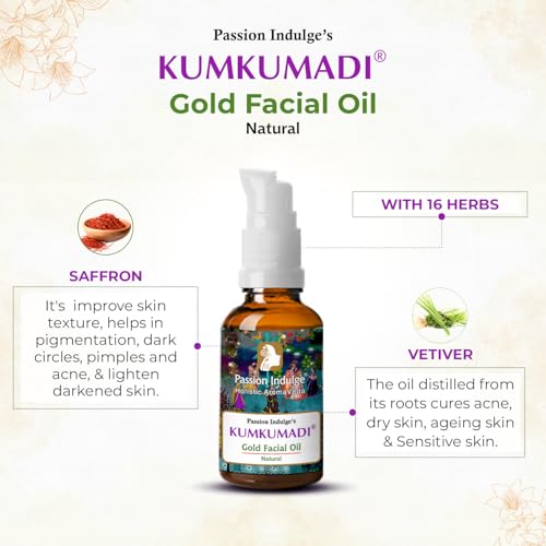 Passion Indulge Kumkumadi Gold Tailam for Face | Radiant & Revitalizes Skin ? Ayurvedic Face Oil with Saffron, Vetiver, Essential Oils & 16 Herbs | Reduces Dark Spots & Signs of Aging ? 0.33 fl oz
