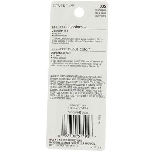 Cg Cs Lipstick 035 Smokey Size .13 O Cover Girl Continuous Color Lip Stick 035 Smokey Rose .13 Oz
