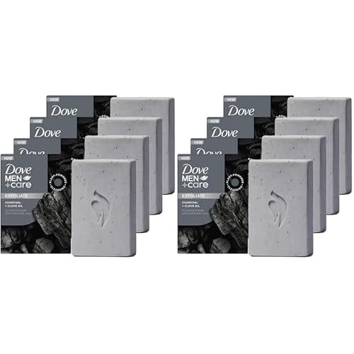 DOVE MEN + CARE Cleansing Bar Soap Charcoal + Clove Oil to Rebuild Skin in the Shower,a 4in1 Hair,Body,Face & Shaving Bar with Plant-Based Cleanser and Natural Oils 5 oz,(Pack of 8)