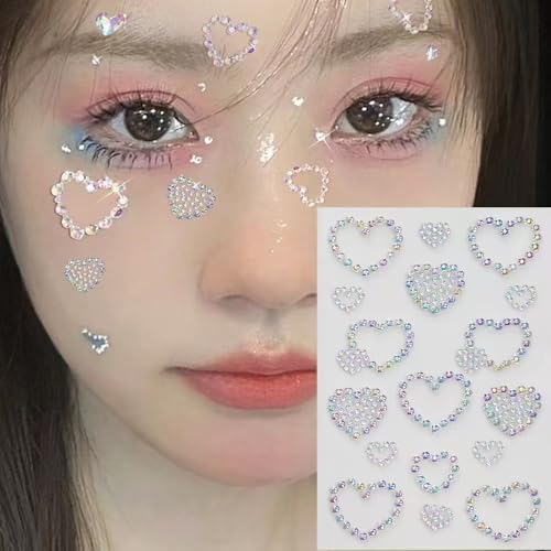 6Sheets Face Gems Stickers Self-Adhesive Hair Jewels Stickers Butterfly Heart Diamonds Mixed Colors Sparkly Rhinestone for Women Eye Face Makeup