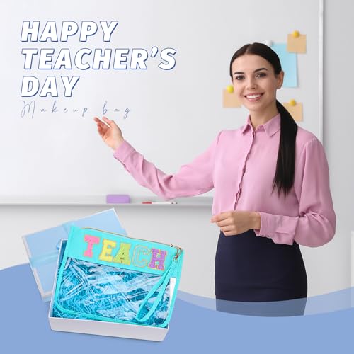 Kacctyen 6 Pcs Teach Bags Chenille Letter Clear Zipper Makeup Bags Teacher Appreciation Gifts Cosmetic Travel Pouch with Handle Gift for Teacher Retirement Women Thanksgiving day Christmas, Multicolor