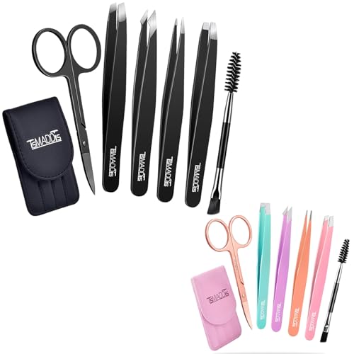 TsMADDTs Eyebrow Tweezer Set, 12 Pcs Tweezers Set for Women, Precision Tweezer for Eyebrows with Curved Scissors for Ingrown Hair, Hair Plucking Daily Beauty Tools with Leather Travel Case