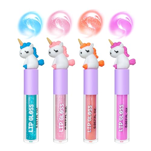 M&U MAKE YOU UP 4pc Unicorn Lip Gloss Stick for Girls- Party Favors Glossy Lip Set with Magic Topper, Girls Birthday Gift, Princess Theme Gift (4 Pack) - Non Toxic