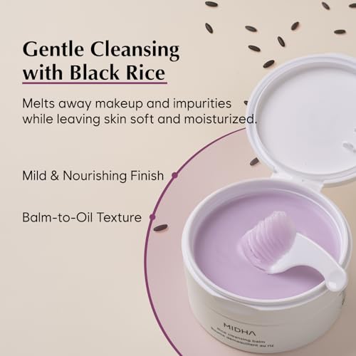 MIDHA RICE CLEANSING BALM, 3.38fl.oz/100ml, Deep cleansing, Moisturising, Gentle makeup remover, Balm to oil formula, daily facial wash, Non-irritating cleanser, Blackhead cleansing, Hydrating, Vegan
