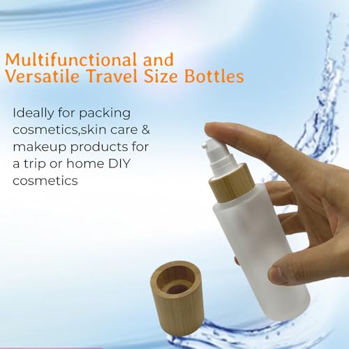 Empty Cosmetic Bottles 3.3oz/100ml 4 PACK with Bamboo Cap,Frosted Glass Lotion Pump DispenserRefillable Emulsion Cosmetic Cream Bottles, Toiletries Refill Travel Containers(Frost Clear)