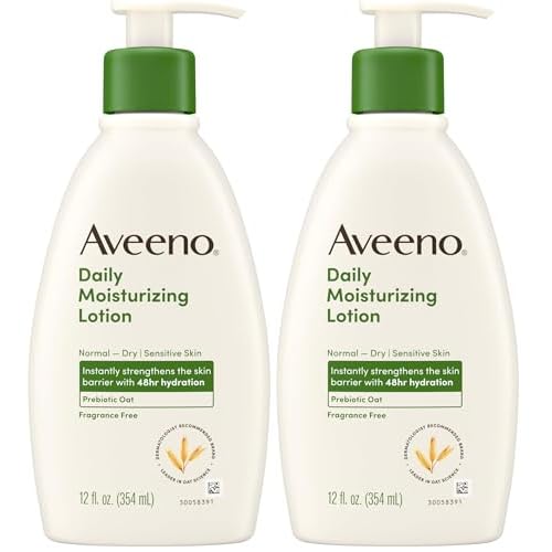 Aveeno Daily Moisturizing Body Lotion with Soothing Prebiotic Oat, Gentle Lotion Nourishes Dry Skin With Moisture, Paraben-, Dye- & Fragrance-Free, Non-Greasy & Non-Comedogenic, 12 fl. Oz (Pack of 2)