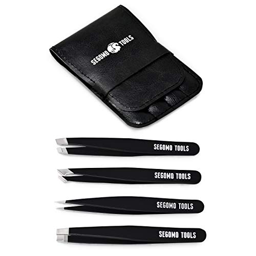 Segomo Tools 4 Piece Tweezer Set - Tweezers For Women - Ingrown Hair Removal Kit - Eyebrow Plucker - Precision Tweezers - Flat, Angled, Slant & Pointed Tweezers - TW004