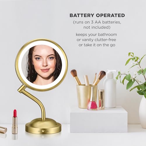 Conair Lighted Makeup Mirror, LED Vanity Mirror, 1X/5X Magnifying Mirror, Battery Operated in Brushed Brass