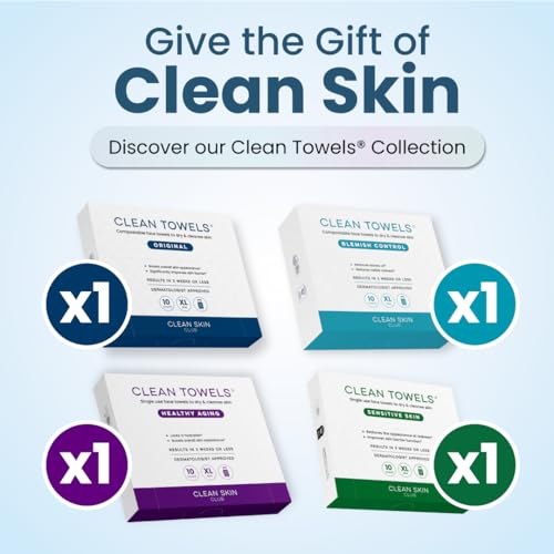 Clean Skin Club Clean Towels¢ç XL Variety 4-Pack Travel Set, Disposable Face Towels, Includes Original, Sensitive, Blemish Control & Healthy Aging, 40 Count Total, 10 Each