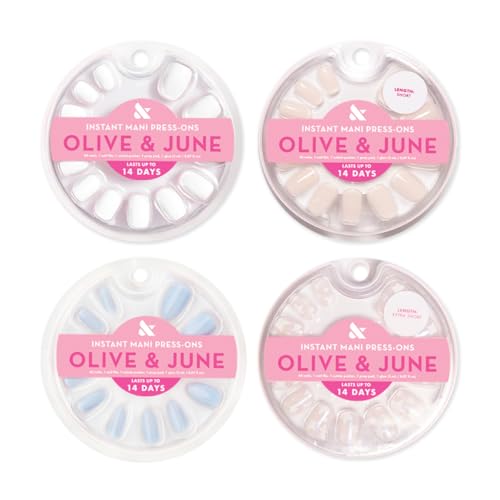 Olive & June Glue Press On Bestsellers Kit | Includes 4 Fake Nail Sets (HD Crisp White, Classic French, Shimmery Super Star, BP Icy Blue) | Realistic Look, Non-Damaging Glue, Up to 14-Day Wear
