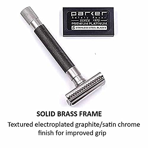 Parker Semi-Slant Safety Razor ? Graphite Finish | Close Shaving Double Edge Razor for Sensitive Skin & Coarse Hair | Slanted Precision Head + 5 Platinum DE Blades | Iconic Brand