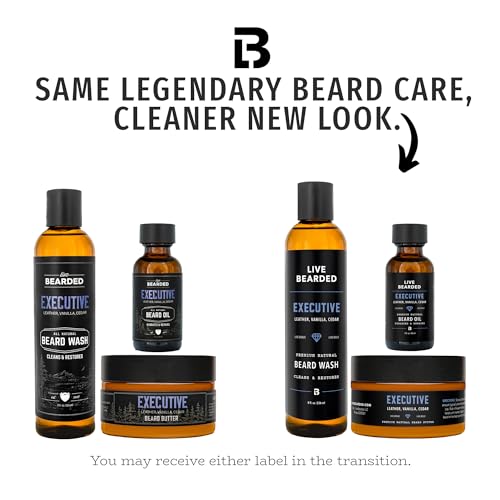 Live Bearded 3-Step Beard Grooming Kit - Wash, Oil and Butter - Made in the USA - All-Natural Ingredients with Shea, Jojoba - Growth Support | Executive Scent - Cedar, Vanilla