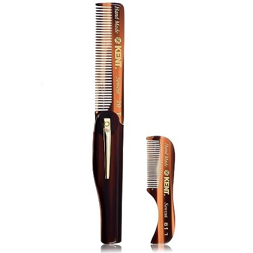 Kent 20T Handmade Fine Tooth Folding Comb with Hand Made 81T Mini Pocket Comb for Beards and Mustache - Beard Growth/Fine Tooth - Beard Straightener for Mens Grooming Kit