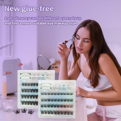 Press On Lashes Self Adhesive Lash Extensions Glue Free False Eyelashes 10-16mm Natural Look Individual Clusters, No Glue Needed Reusable Lashes for Daily & Party(S model)