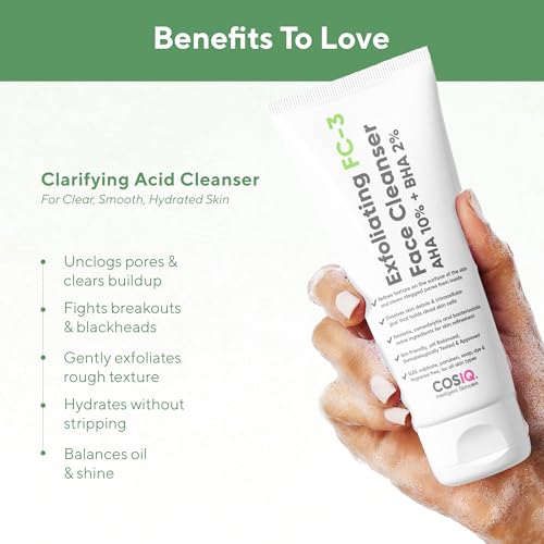 Cos-IQ Exfoliating Face Wash for Oily & Dry Skin | 2% Salicylic Acid BHA & 10% Glycolic Acid AHA | Sulphate-Free Anti-Acne Face Cleanser for Acne, Pimples, Skin Brightening, Dirt & Oil Control | 100ml
