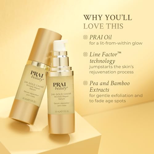 PRAI Beauty 24K Gold Caviar Wrinkle Repair Serum for Face | Anti-Aging Serum with Hyaluronic Acid to Plump and Fill In Wrinkles | Anti-Wrinkle Serum with Vitamin C for Brighter, Firmer Skin | 1.0 Oz