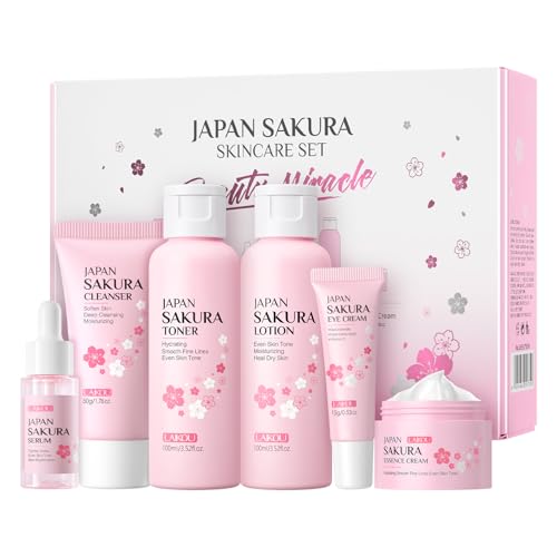 LAIKOU Skin Care Set, Facial Skin Care Products, Skin Care Kit with Sakura Serum, Cleanser, Toner, Lotion, Eye Cream, Essence Cream 6pcs for Women Teen Girls Mom Daughter Lover Mother's Day Christmas