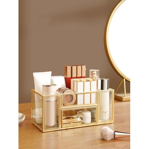 FSyueyun Vanity Clear Glass Makeup Organizer, Gold Makeup Brush Holder Cosmetic Storage Display Case for Skincare Perfume Dresser Countertop