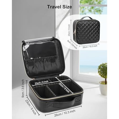 Relavel Makeup Bag, Travel Cosmetic Train Case Organizer Portable Artist Storage Bag with Adjustable Dividers for Cosmetics Makeup Brushes Toiletry Jewelry Digital Accessories Quilted Leather Black