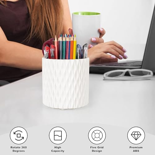 Makeup Brush Holder Organizer-360¡Æ Rotating Makeup Brush Storage,Pencil Pen Holder Cup,Desk Accessories,5 Slot Make up Brushes Cup, for Vanity Desktop Bathroom Countertop (White)
