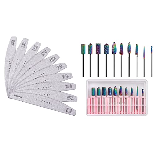 Makartt Nail File Zebra Nail Files 100 100 Grit Bundle with Nail Drill Bits Set, 10Pcs Tungsten Carbide Nail Drill Bits
