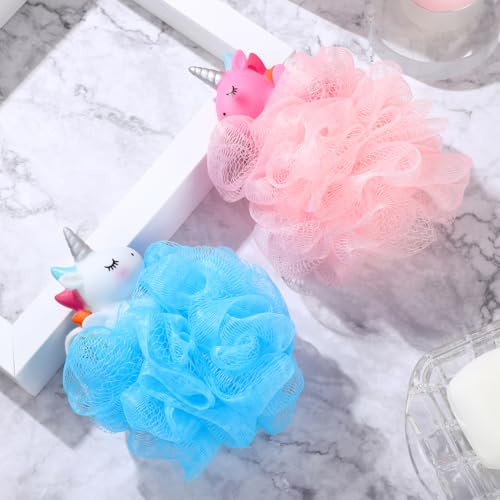2pcs Kids Bath Loofah: Body Sponge - Unicorn Shower Pouf for Deep Cleaning Body Scrubber Exfoliator Wash Back Scrubber