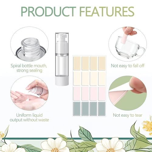 60 Pcs Clear Airless Pump Bottles 1oz/30ml Refillable Cosmetic Travel Size Dispenser Vacuum Plastic Travel Bottles Empty Lotion Pump Dispenser Liquid Toiletry Container with Labels