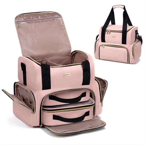 Large Makeup Cosmetic Bag with 2 Removable Case, Double Layer Travel Makeup Organizer Case, travel Toiletry Bag For Women, Pink