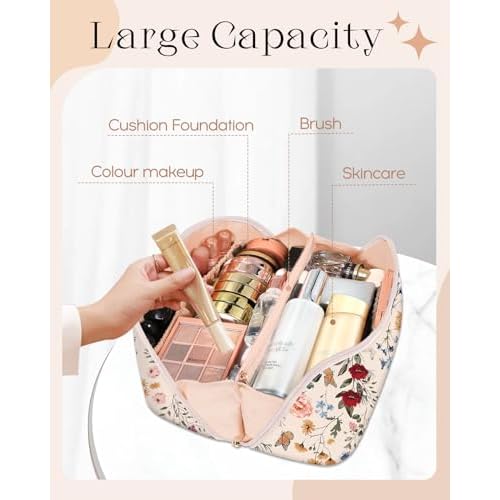 Bistup Makeup Bag Travel Cosmetic Bag Toiletry Make Up Bags Cute Women Large Capacity Big Medium Leather Flower Floral Aesthetic Girl Teen Teenage Foldable Expandable Open Flat Zip